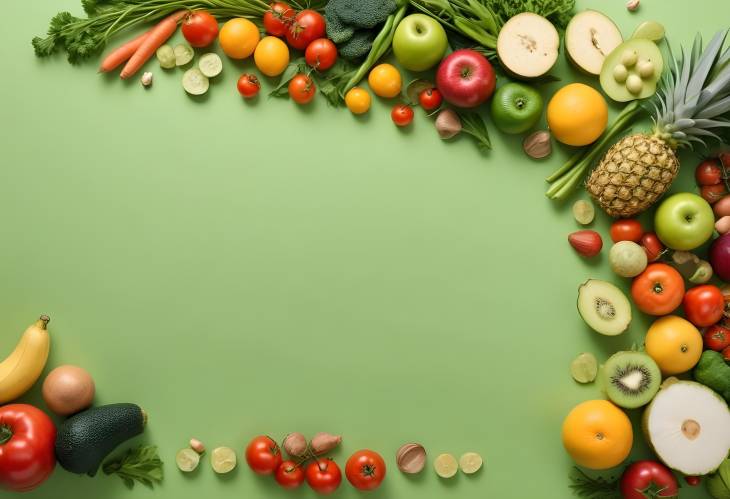 Fresh Vegetables and Fruits on Counter with Light Green Background  Front View Template with Empty