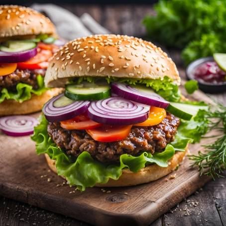 Fresh Veggie Loaded Hamburger Close Up of a Homemade Classic