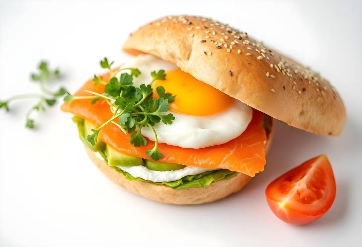 Freshly baked bagel filled with salmon, avocado, microgreens, and egg, healthy breakfast option