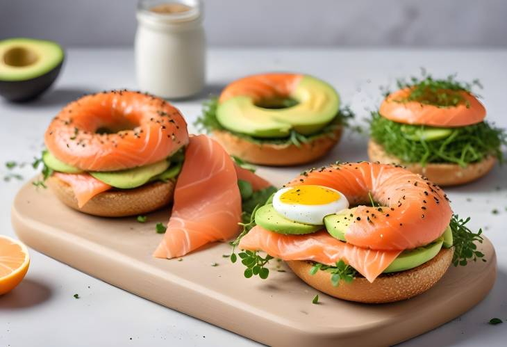 Freshly baked bagel with salmon, avocado, microgreens, and egg, a healthy breakfast sandwich option