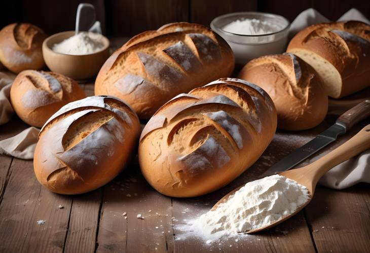 Freshly Baked Bread Loaves on a Rustic Wooden Table