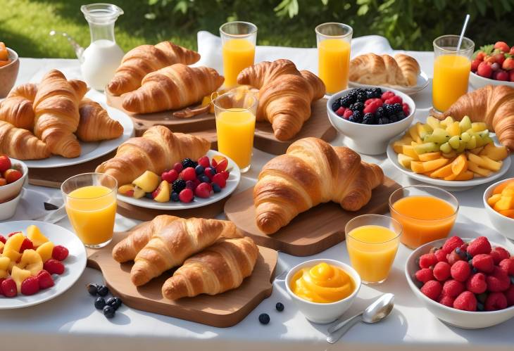 Freshly Baked Croissants, Juices, and Assorted Fruits for a Gourmet Breakfast on a Sunny Morning