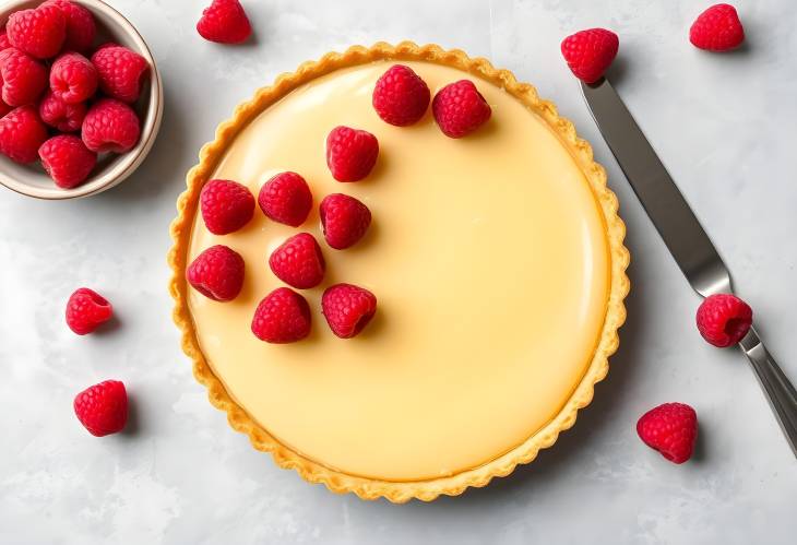 Freshly Baked Custard Tart Decorated with Raspberries Perfect for Elegant Desserts and Treats