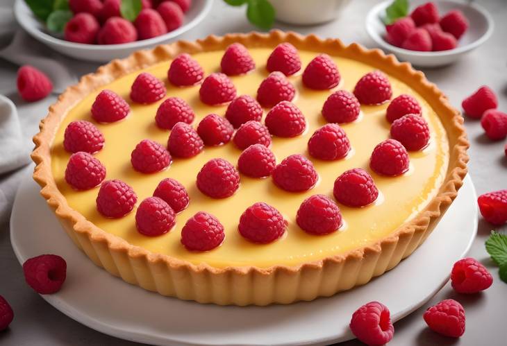 Freshly Baked Custard Tart with Raspberries Ideal for Elegant Dinner Parties and Special Events