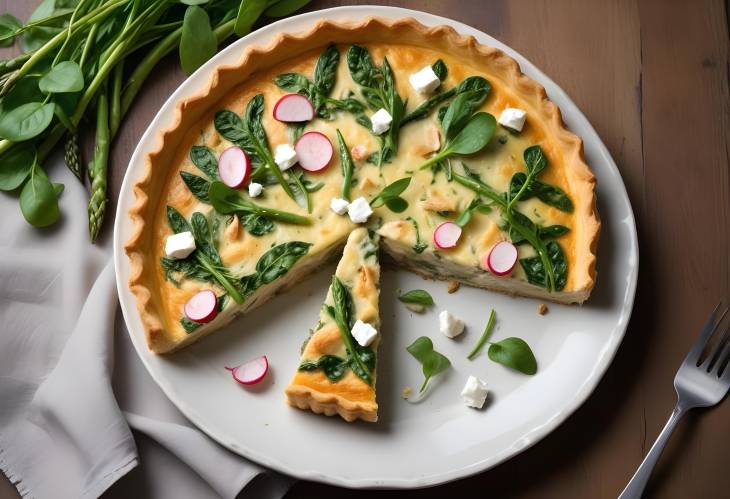 Freshly Baked Quiche with Asparagus, Chicken, and Feta Cheese with Radish Salad