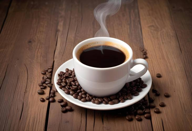 Freshly Brewed Cup of Coffee on a Rustic Wooden Table, Coffee Beans Scattered and Steam Rising