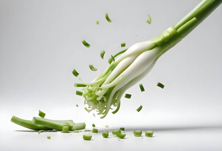 Freshly Cut Green Onion Falling Against White Background, Culinary Ingredient