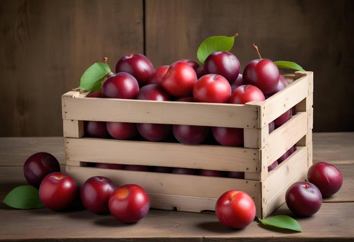 Freshly Picked Red Plums in a Wooden Crate