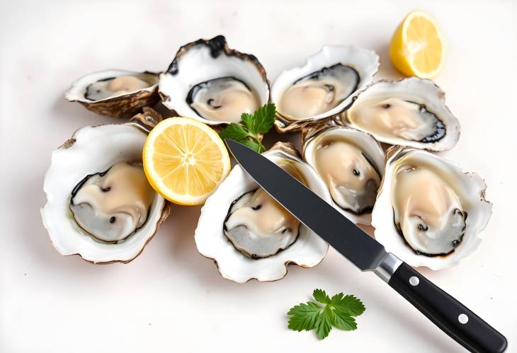 Freshly Shucked Oysters with Lemon and Knife on a Light Background Seafood Perfection