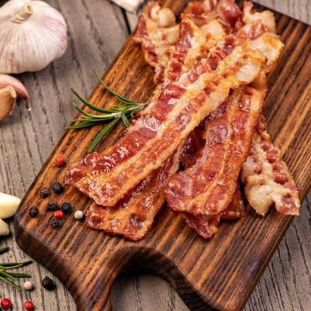 Fried Crispy Bacon Slice on White Background