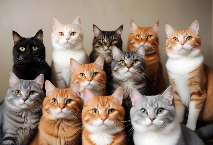 Friendly Selfie of 8 Realistic Cats with Human Like Faces, Blurred Indoor Background