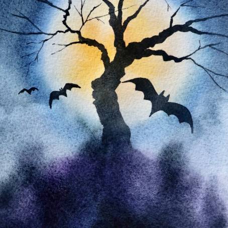 Frightening Halloween Night Silhouettes of Naked Trees, Tomb, Pumpkin, Full Moon, Bats, Witch