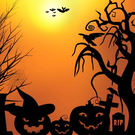 Frightful Halloween Night Scene Naked Trees, Tomb, Pumpkin, Full Moon, Bats, Witch Silhouette