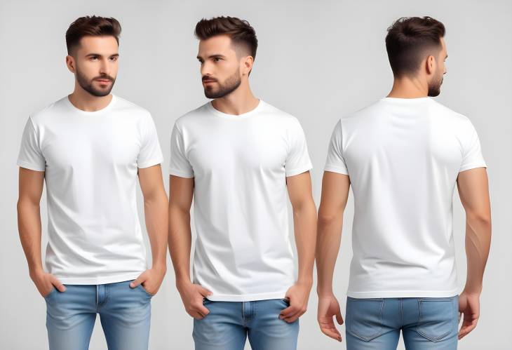 Front and Back Views of Man in Stylish T Shirt, Collage on White Background, Design Mockup