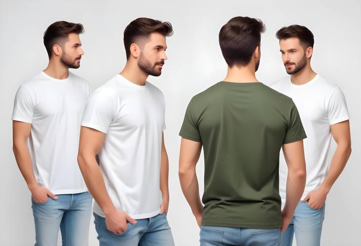 Front and Back Views of Man in Stylish T Shirt Collage, White Background, Mockup Design