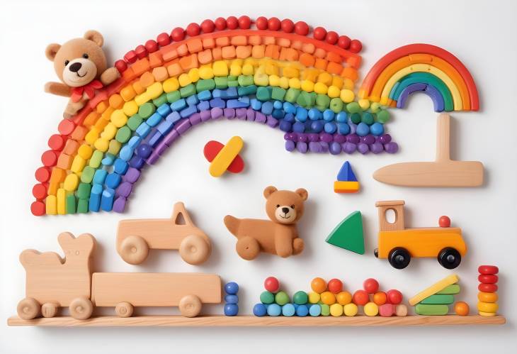 Front View of Educational Kids Toys Teddy Bear, Train, Wooden Plane, Abacus, Rainbow on White Back