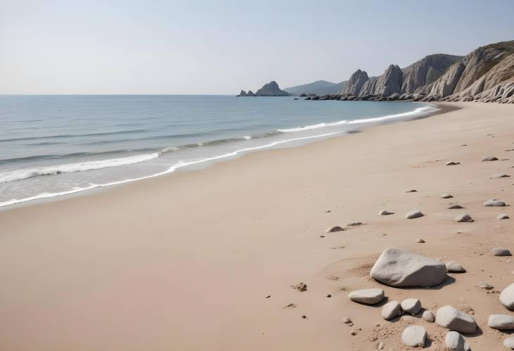 Front View of Empty Sandy Beach, Surrounded by Gray Rocks, Calm Summer Sea, Natural Ad Space