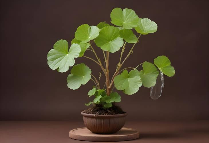 Front View of Gotu Kola with Transparent Podium and Branch Tree on Brown Backdrop