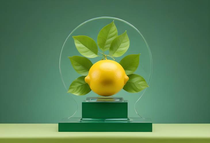 Front View of Lemon on Transparent Podium with Green Background