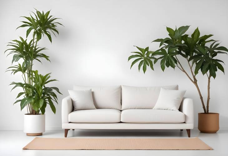 Front View of Modern Sofa, Armchair, and Potted Plant on White Background