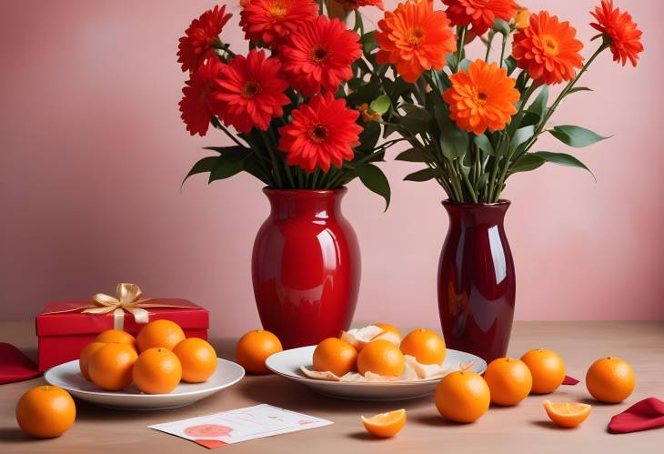 Front View of Red Gift Box, Jam Plate, Tangerines, Lucky Money Envelopes, and Flower Vase with Space