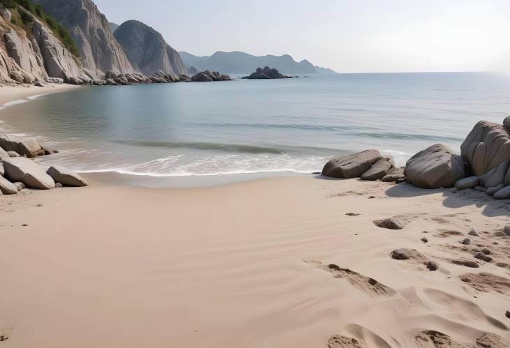 Front View of Serene Beach with Gray Rocks, Empty Sandy Shore, Calm Summer Sea, Ad Space