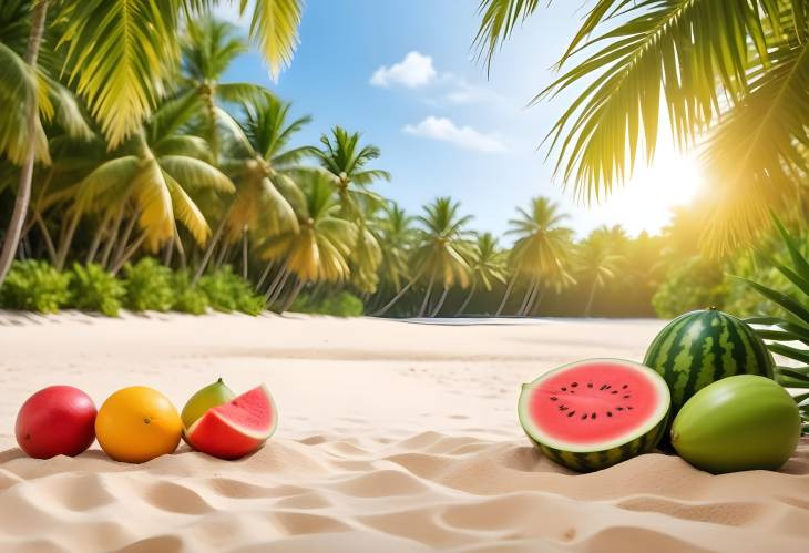 Front View of Tropical Beach with Fine Sand, Sunshine, Watermelon, Coconut Tree, Monstera Leaves,