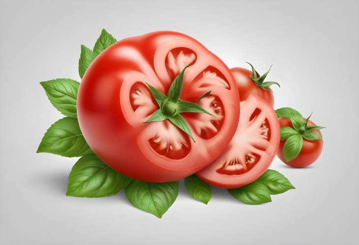 Front View of Whole and Half Tomatoes with Basil Leaves Isolated on White Background  Clipping