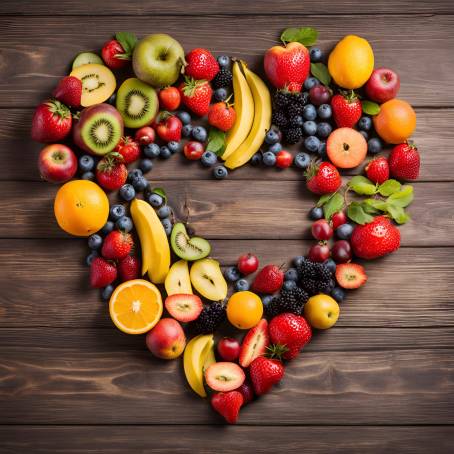 Fruit Heart Symbol on Wooden Table Food Photography for Healthy Eating Concept