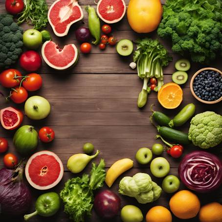 Fruits and Vegetables on Wooden Table Studio Photo for Healthy Food Background and Eating