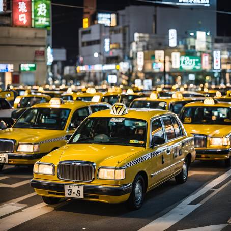 Fukuoka City Lights and Taxis A Glimpse of Urban Life Circa 2015 in Japan