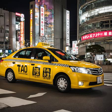 Fukuoka Japan 2015 Taxis and City Lights Creating a Dynamic Nighttime Urban Scene