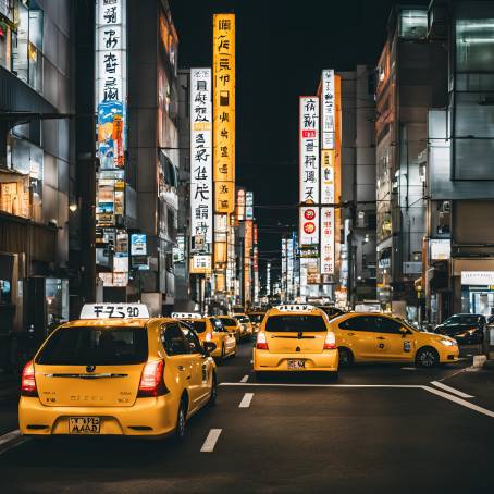 Fukuoka Taxis and City Lights at Night  Circa 2015 Urban Scene in Japan