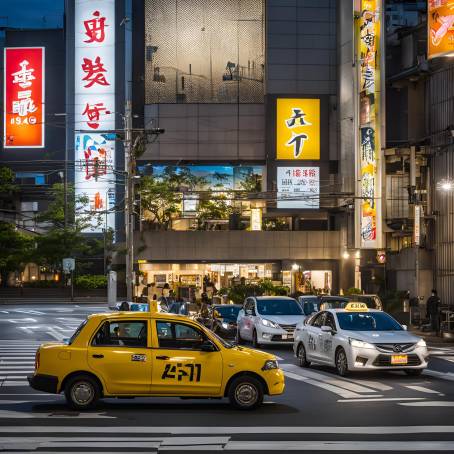 Fukuokas Illuminated Taxis and Nighttime City Lights Urban Scene Circa 2015