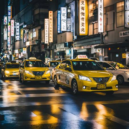 Fukuokas Vibrant City Lights and Taxis A 2015 Nighttime Urban Landscape