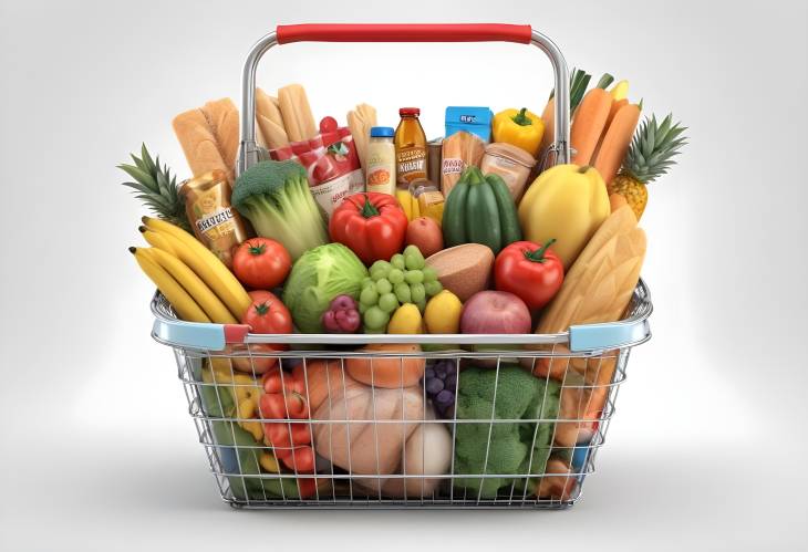 Full Grocery Basket 3D Illustration of Diverse Food and Drink Choices