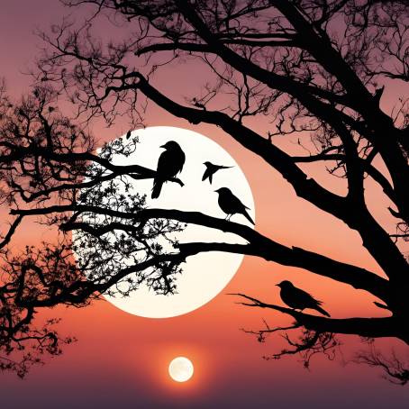 Full Moon at Sunset with Tree and Bird Silhouettes Against a Vibrant Twilight Sky