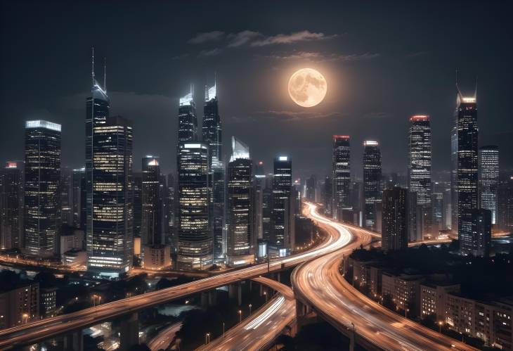 Full Moon Over Night Cityscape Skyscrapers Glowing, Traffic Streaming, and a Dramatic Urban View