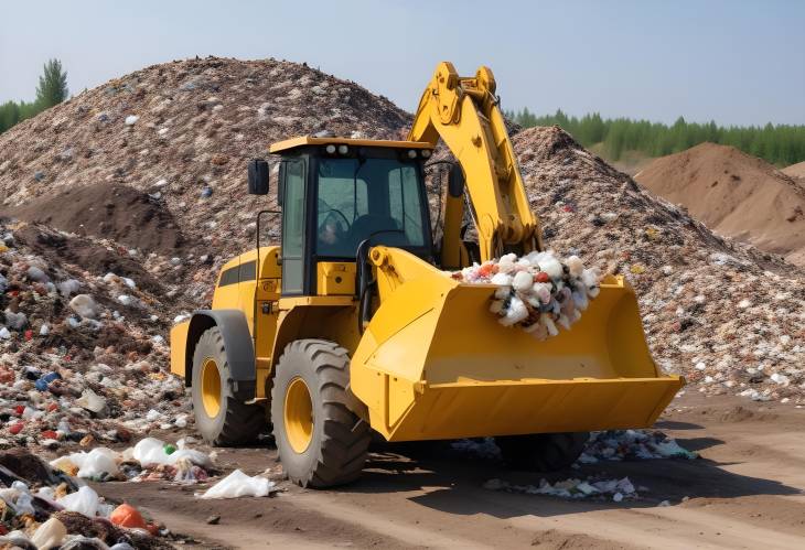 Garbage Disposal at Landfill Dozer Handling Plastic Bags and Food Waste at Rubbish Dump