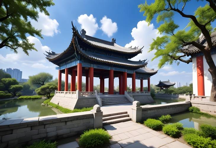 Garden of Peace Ancient Chinese Architecture Under Blue Skies and White Clouds