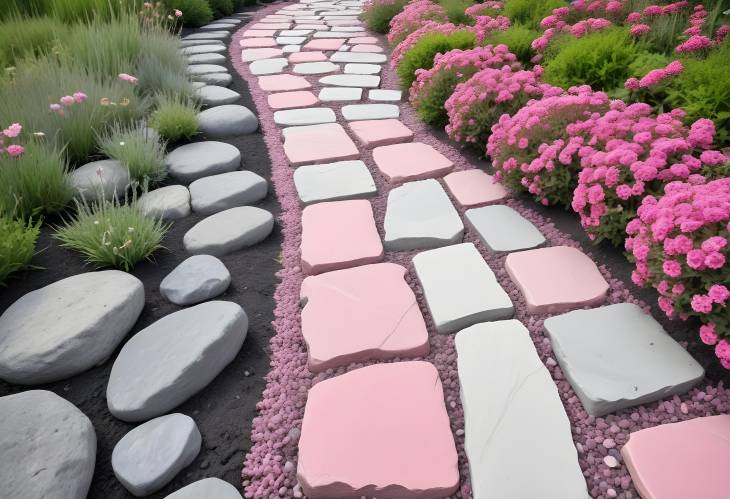 Garden Path with Gray and Pink Stones, Isolated on White