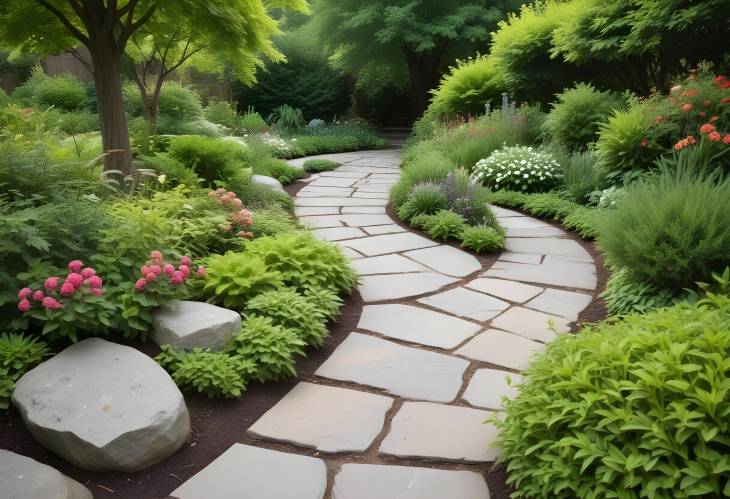 Garden Serenity Winding Stone Walkway Through Nature