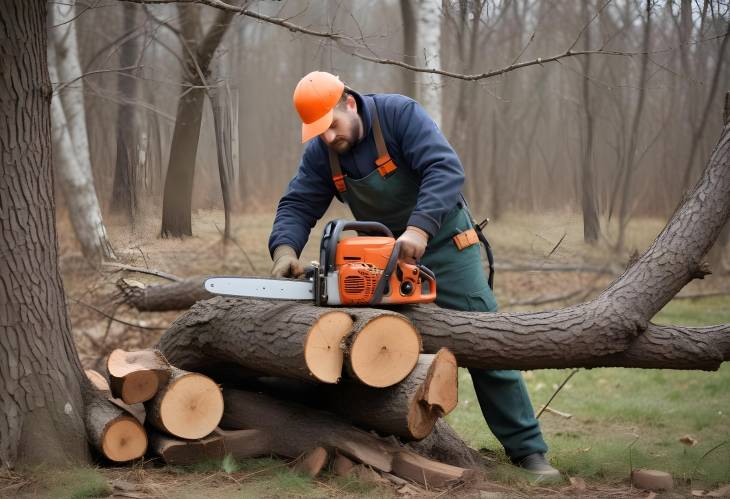 Gardener Using Chainsaw to Cut Tree Branches, Old Tree Pruning, Firewood Preparation, Backyard Tree