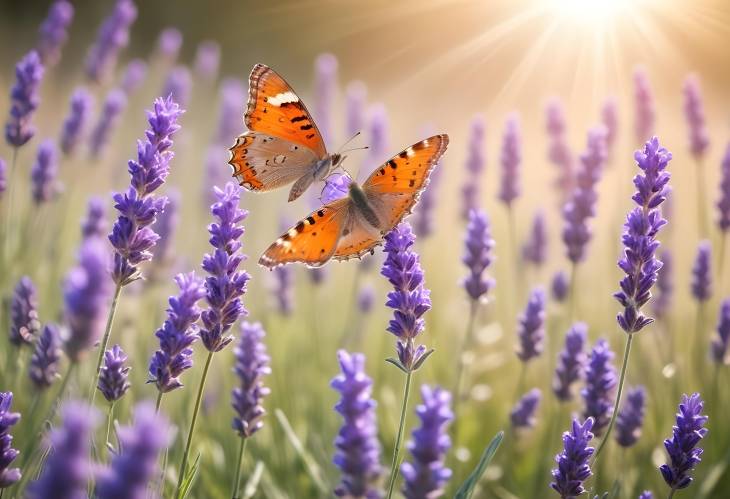 gentle image, artistic, lavender flowers, butterflies, summer sunlight, natural scenery, beautiful,