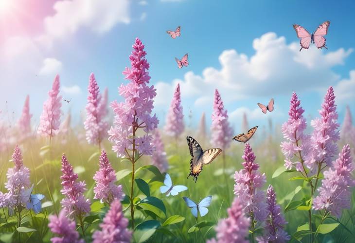 Gentle Pink Lilac Flowers and Butterflies on Spring Meadow