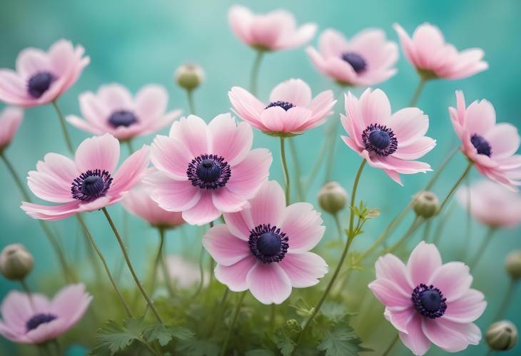 Gently Pink Anemone Flowers on Turquoise Background in Spring