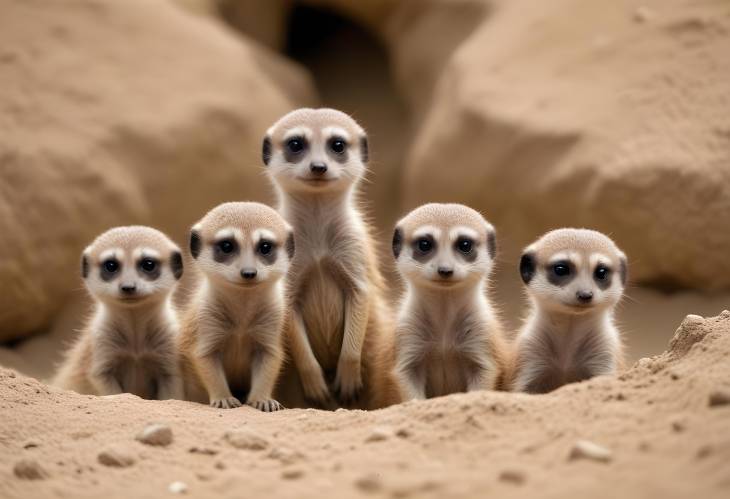 German Wildlife Young Meerkats Suricata suricatta Emerging from Their Burrow