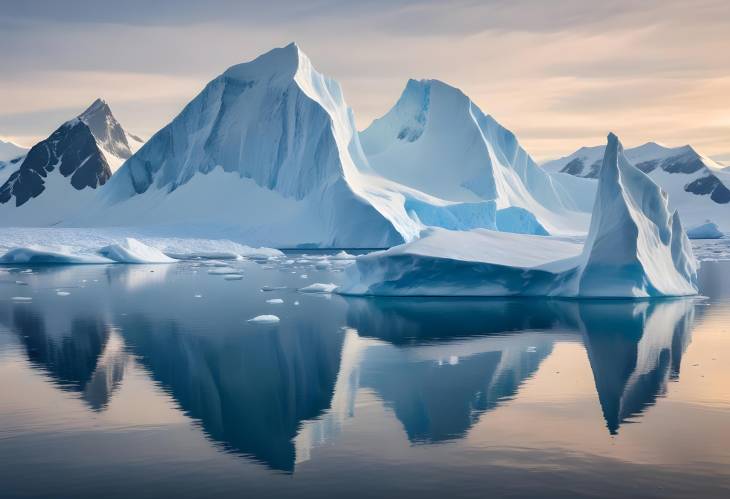 Gigantic Iceberg in Antarctic Ocean Snowy Mountains and Glacier Reflected in Bright Blue Water