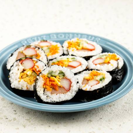 Gimbap Traditional Korean Rolls from Top View, Isolated on White Background