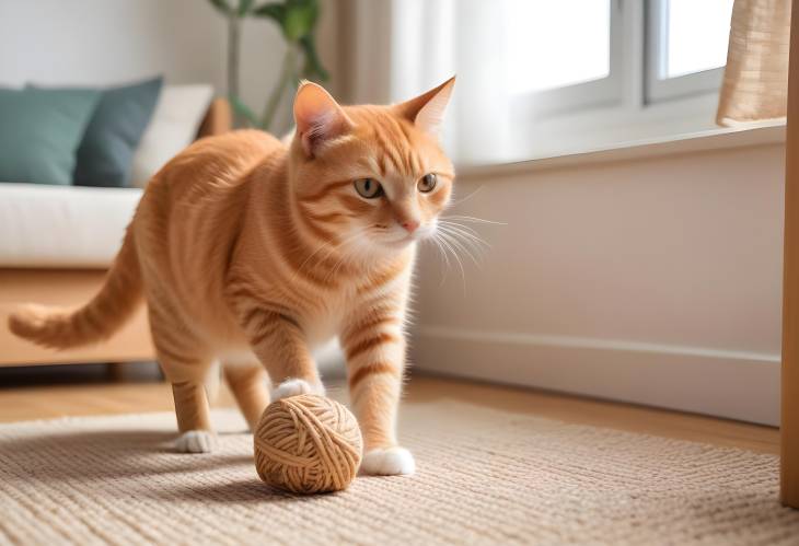 Ginger Cat Playing with Sisal Toy in Bright Home, Cute Pet Activity